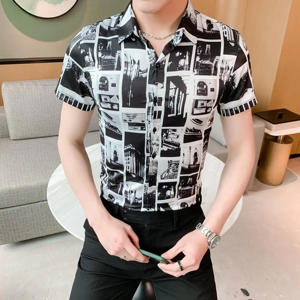 Летняя деловая рубашка с цифровым принтом мужская мода 2020 Корейская приталенная