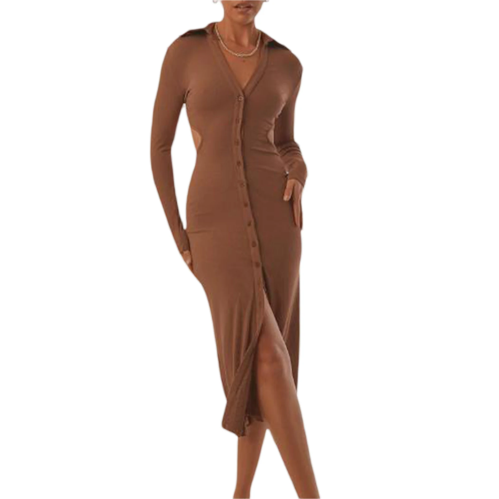 

Spring Fall Women Solid Color Hollow-out Temperament Simplicity Dress Long Sleeve Deep V-neck Front Split Dress