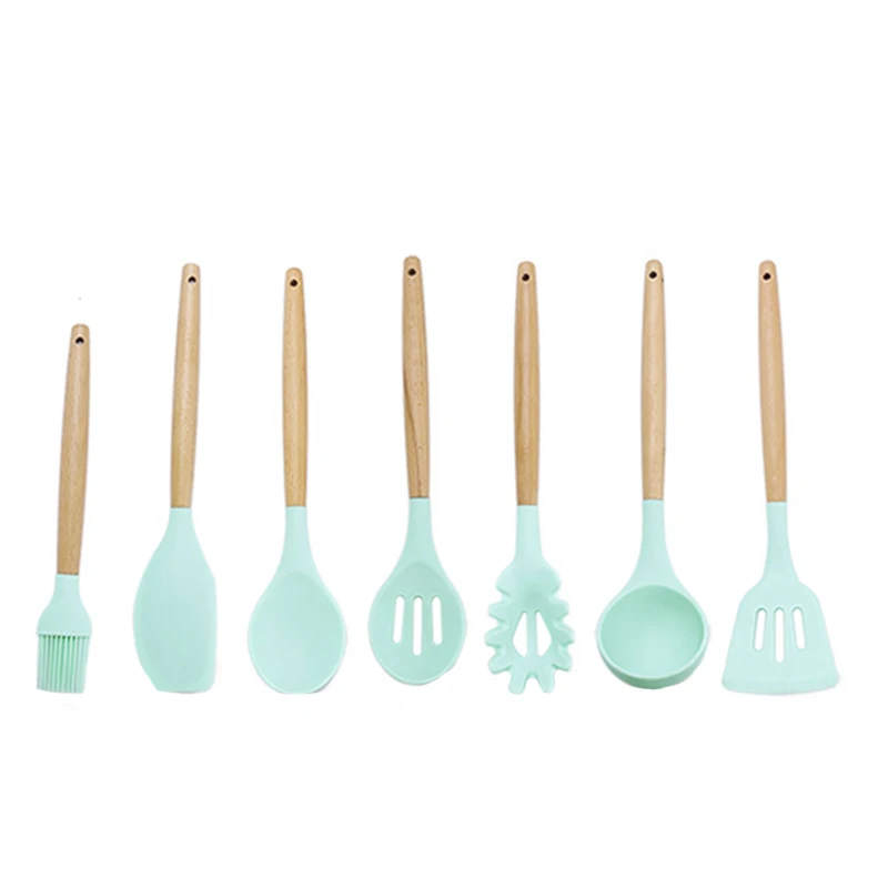 Kitchen Utensils Silicone Wooden Handle Non-Stick Cookware Heat-Resistant Spatula Spoon Tool Set | Дом и сад