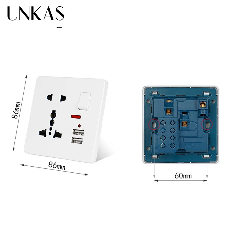 Розетка настенная UNKAS 2 1 А белая/черная/золотая со светодиодным индикатором 13 а