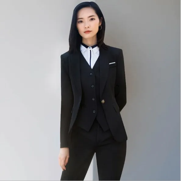 Женский комплект из трех предметов, брючный костюм, офисный Женский блейзер+ жилет+ брюки, Женский костюм из 3 предметов, большой размер, черный, синий