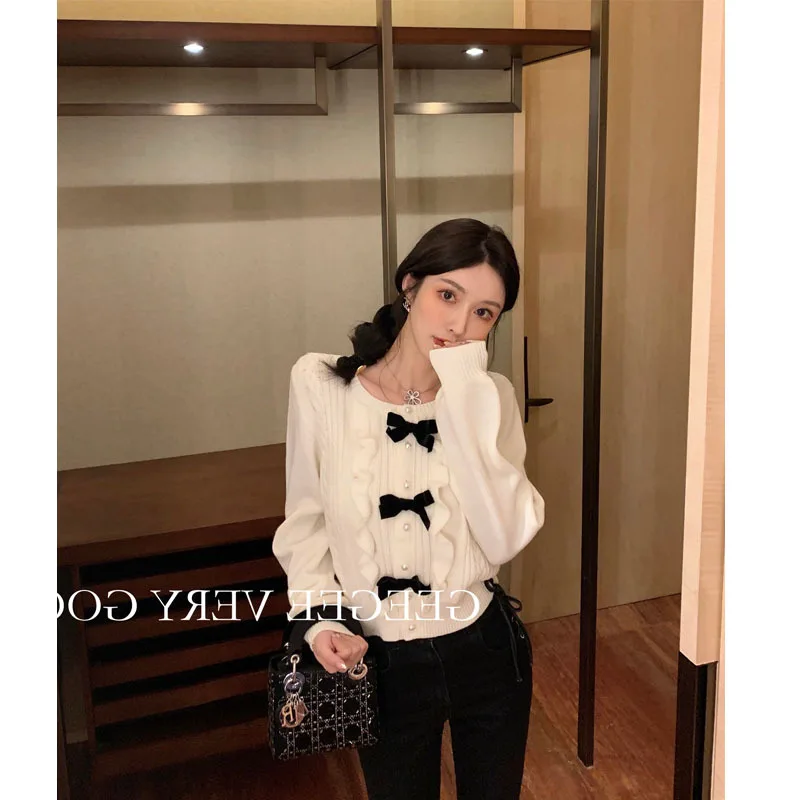 

Sweet Girl White Knitted Top Coat Cardigan Spring and Autumn Casual Female Student Long-sleeve Bow Sweater Women NS2461