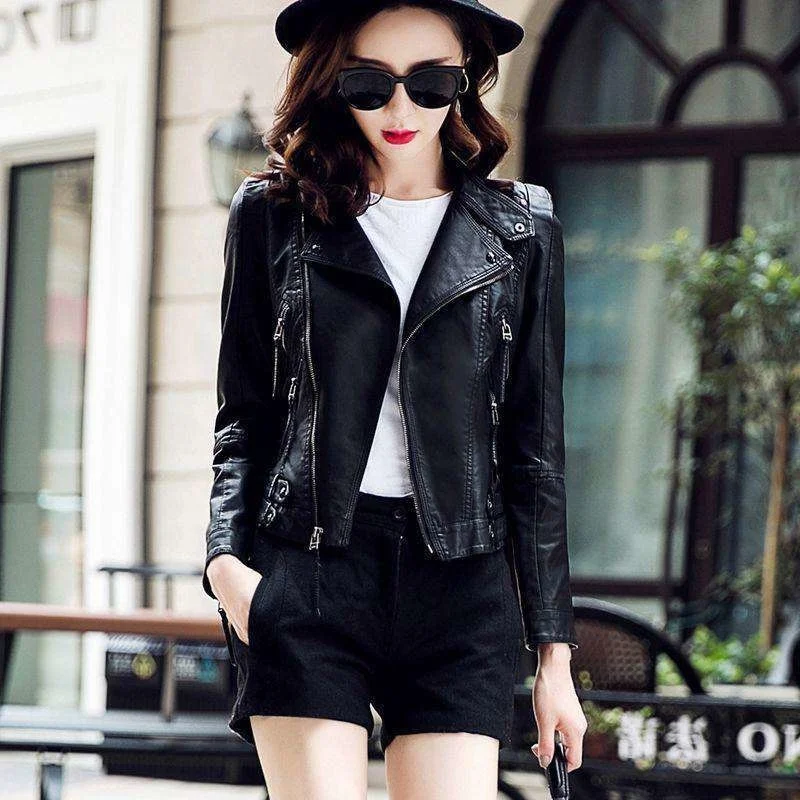 clothes Leather Jacket women's Women's quality leather short wash PU leather jacket 2021 spring and autumn long sleeve enlarge