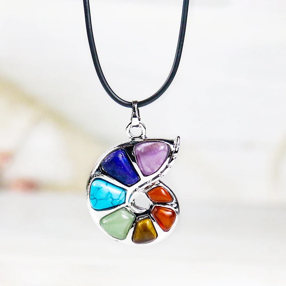 

Natural Semi-precious Stones Conch Shaped Seven Chakra Energy Pendant Necklace Yoga Meditative Healing Ornament DIY Jewelry
