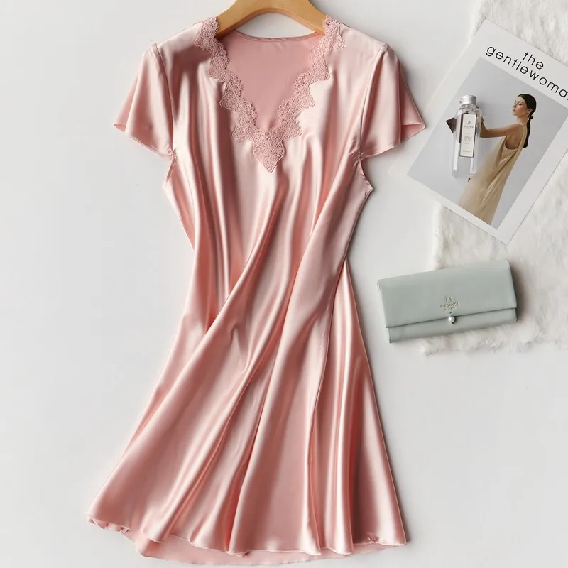 

Silky Satin Women Nightgown Oversize Sleepwear Casual Nightdress Summer New Sleep Shirt Sexy Nightshirt Female Home Dress