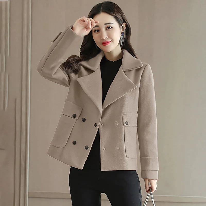 

Solid Color Short Wool Blend Coat Women Vintage Double Breasted Tweed jackets With Pockets 2021 Autumn Slim Outwear Office Lady
