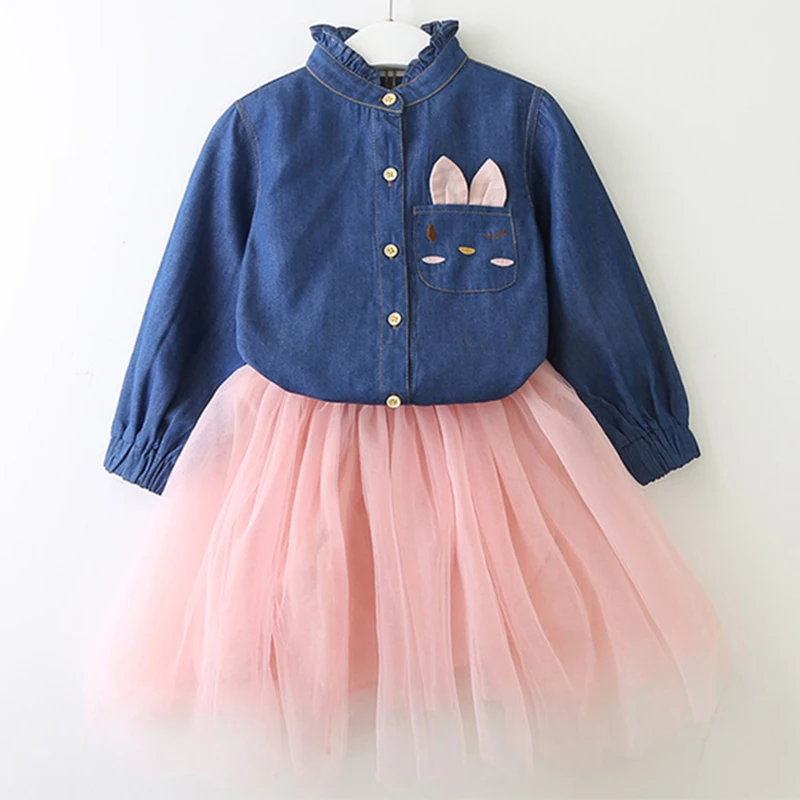 pink az1778 Bear leader/платье для девочек г. Новая Осенняя модная Стильная джинсовая футболка с героями мультфильмов сетчатая юбка костюмы для девочек из 2 предметов одежда для детей - Цвет: pink az1778