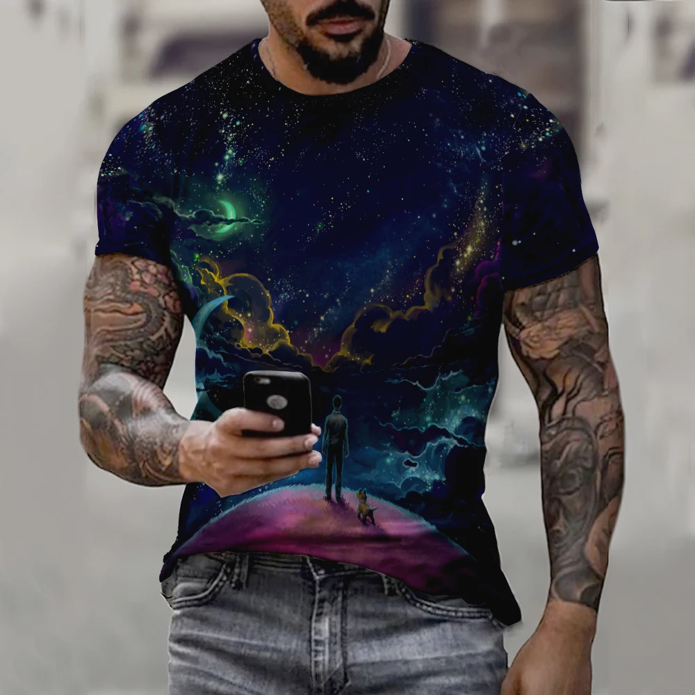 

Модная футболка с 3D-принтом звездного неба, лето 2021, быстросохнущая Мужская футболка с короткими рукавами и принтом
