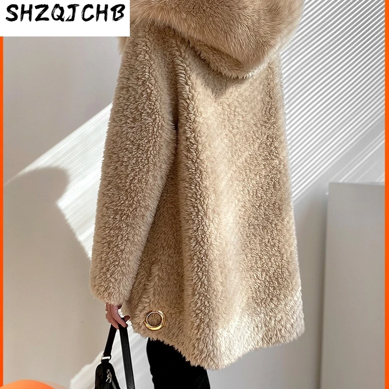 

JCHB 2021 Real Fur Coat Female 100% Wool Jackets for Women Autumn Winter Clothes Hooded Fox Fur Collar Fashion Ropa De Mujer Pp