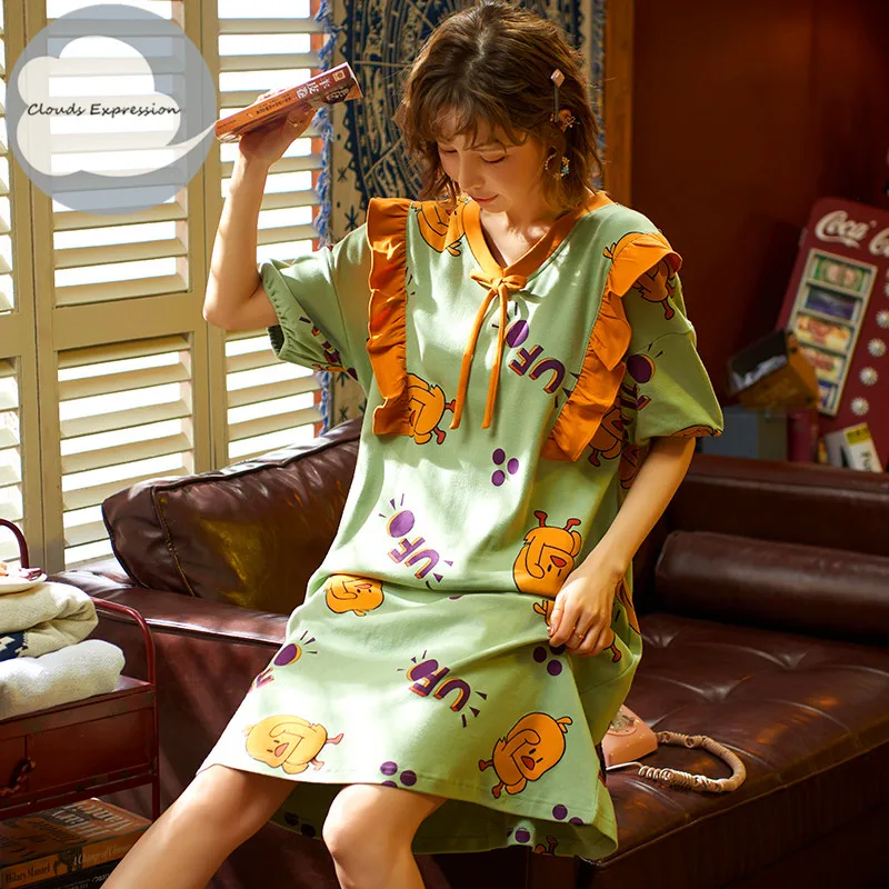 Женская трикотажная ночная рубашка хлопковая с круглым вырезом коротким рукавом