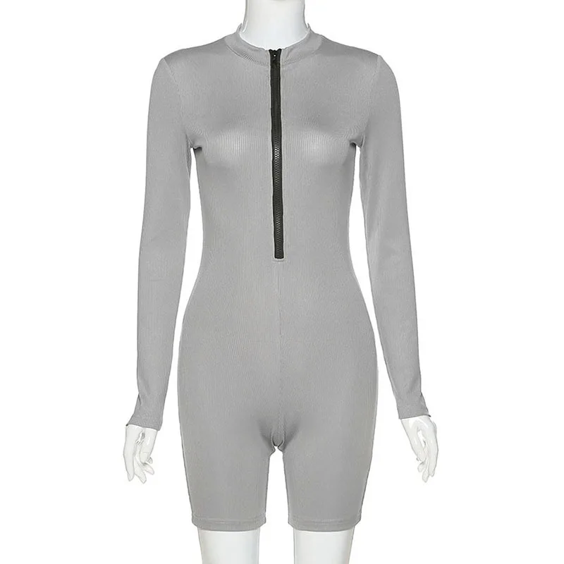 Женский трикотажный комбинезон в рубчик на молнии с v-образным вырезом и длинными