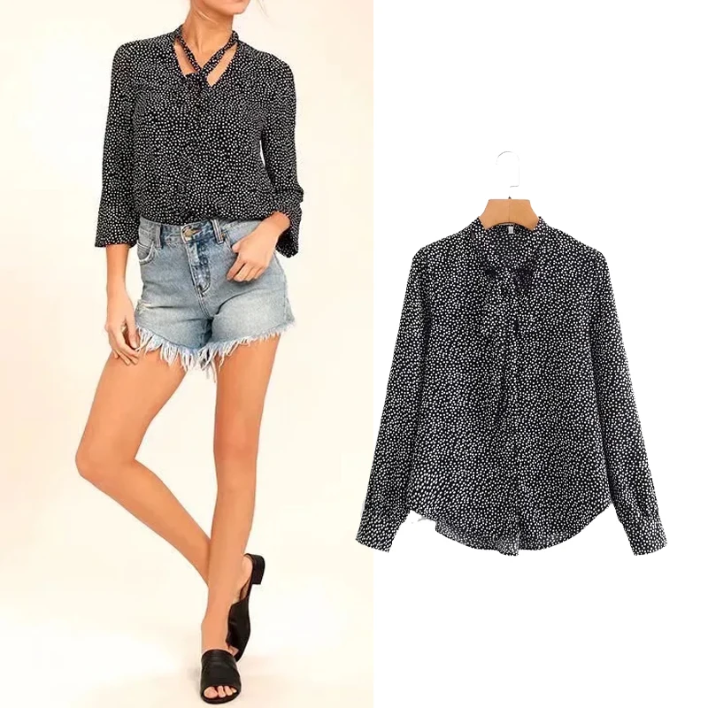 

Женская винтажная блузка в горошек Za, элегантный повседневный топ с длинными рукавами и V-образным вырезом, на шнуровке, осень 2021