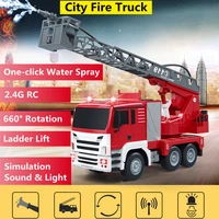 simulation water spray 2 4g rc fire truck 660%c2%b0 rotation one click demo ladder lift cool lighting childrens remote control truck
