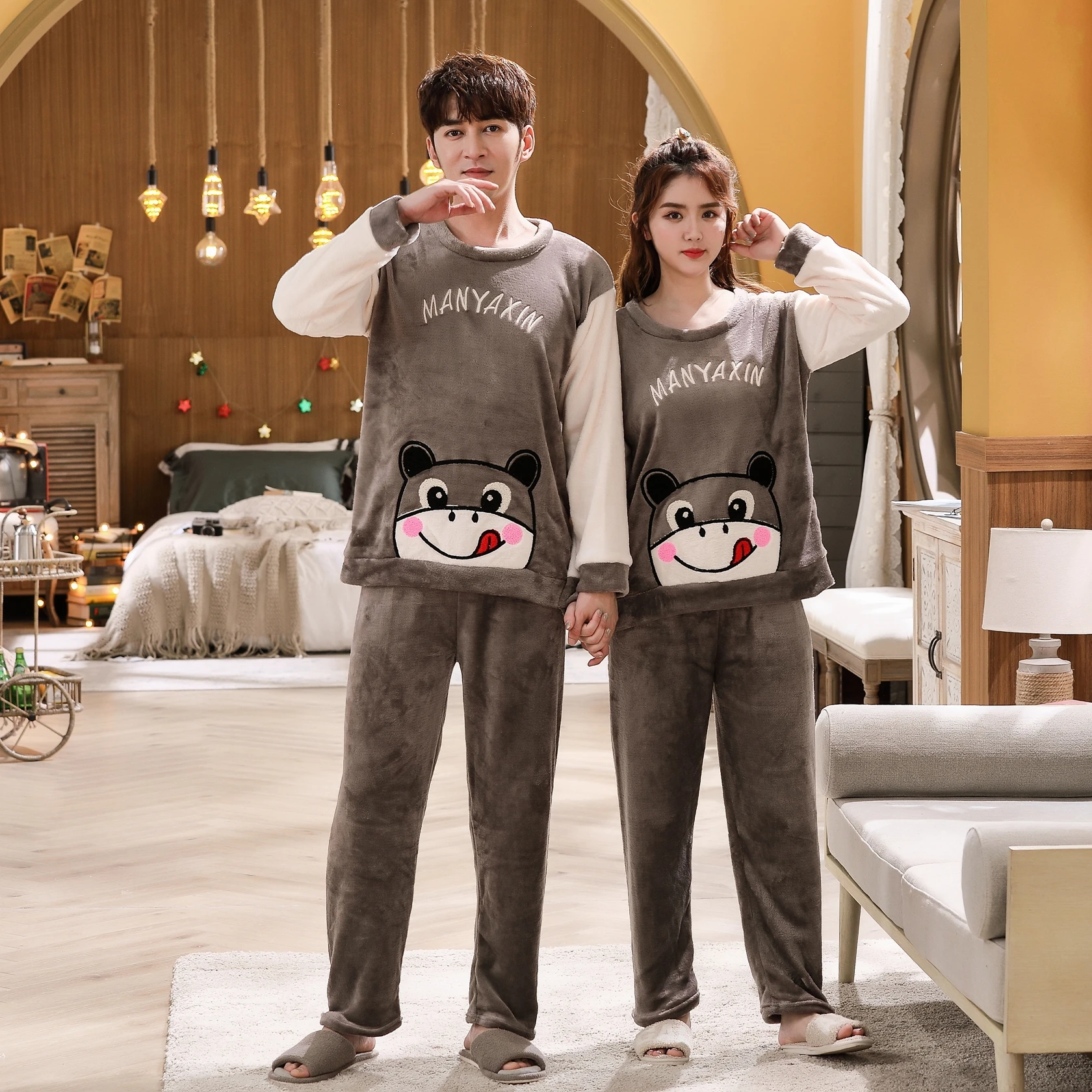 Пижама Mujer зимняя Фланелевая для пары комплект с круглым вырезом размера плюс