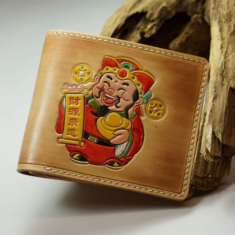 

Short Cow Leather Hand Carved Ammon Wallets Purses Women Men Clutch Vegetable Tanned Leather Wallet Card Holder New Year Gift