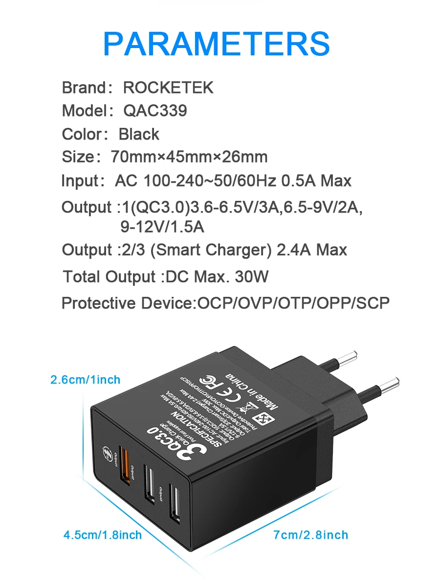Быстрое зарядное устройство Rocketek 3 USB зарядка 30 Вт QC3.0 2.4A QC Быстрая зарядка мобильного телефона зарядное устройство для iPhone samsung Xiaomi huawei lg