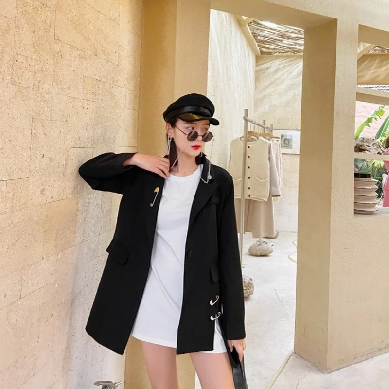 Женский дизайнерский черный брикет элегантный пиджак на одной пуговице в