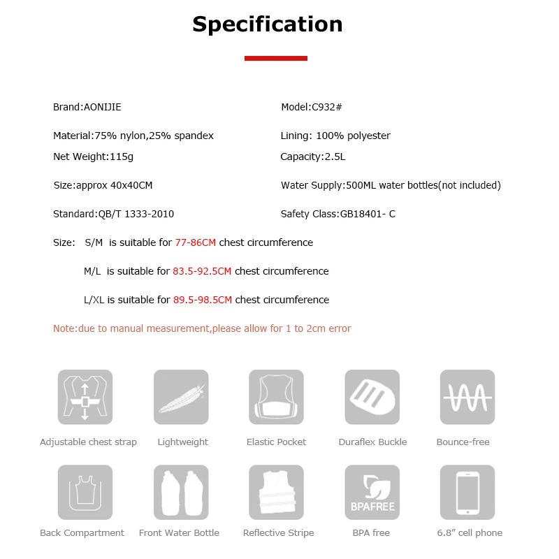 AONIJIE  Running Hydration Pack Backpack Rucksack Bag Vest Harness Water Bladder Hiking Camping Marathon Race Climbing 2.5L C932