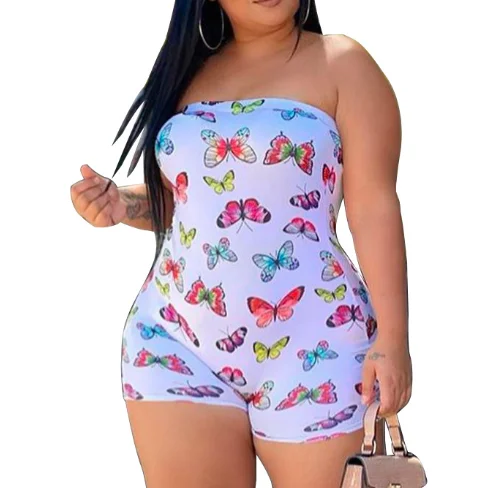 

Women Tube Jumpsuit, Fashion Butterfly Print Off Shoulder Sleeveless Bodycon Short Romper