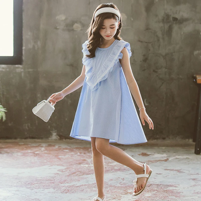 

2021 summer baby girl Patchwork Kids Dresses Clothes Teenager Princess striped Blue Striped Sleeveless 5 6 7 8 9 10 11 12 year