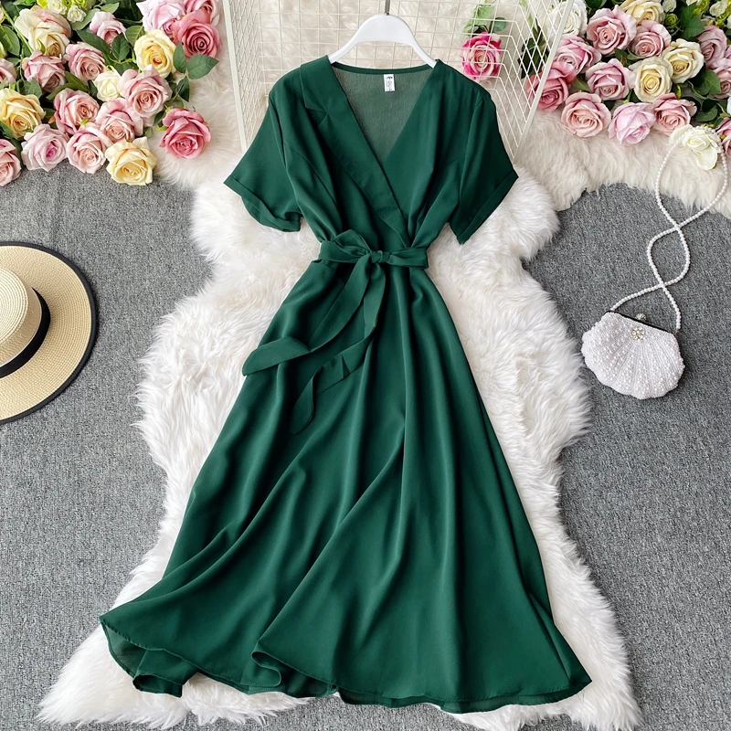 

Wrap Dress Elegant Chiffon V Neck Dress Woman Summer Midi Vintage Sexy Beach Ladies Party Dresses For Women 2021 Long Clothes