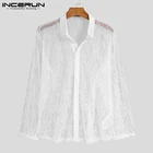 INCERUN 2022 Мужская рубашка, кружевная сетчатая прозрачная рубашка с отворотом и длинным рукавом, на пуговицах, для вечеринки, ночного клуба, Мужская одежда, уличные сексуальные Блузы