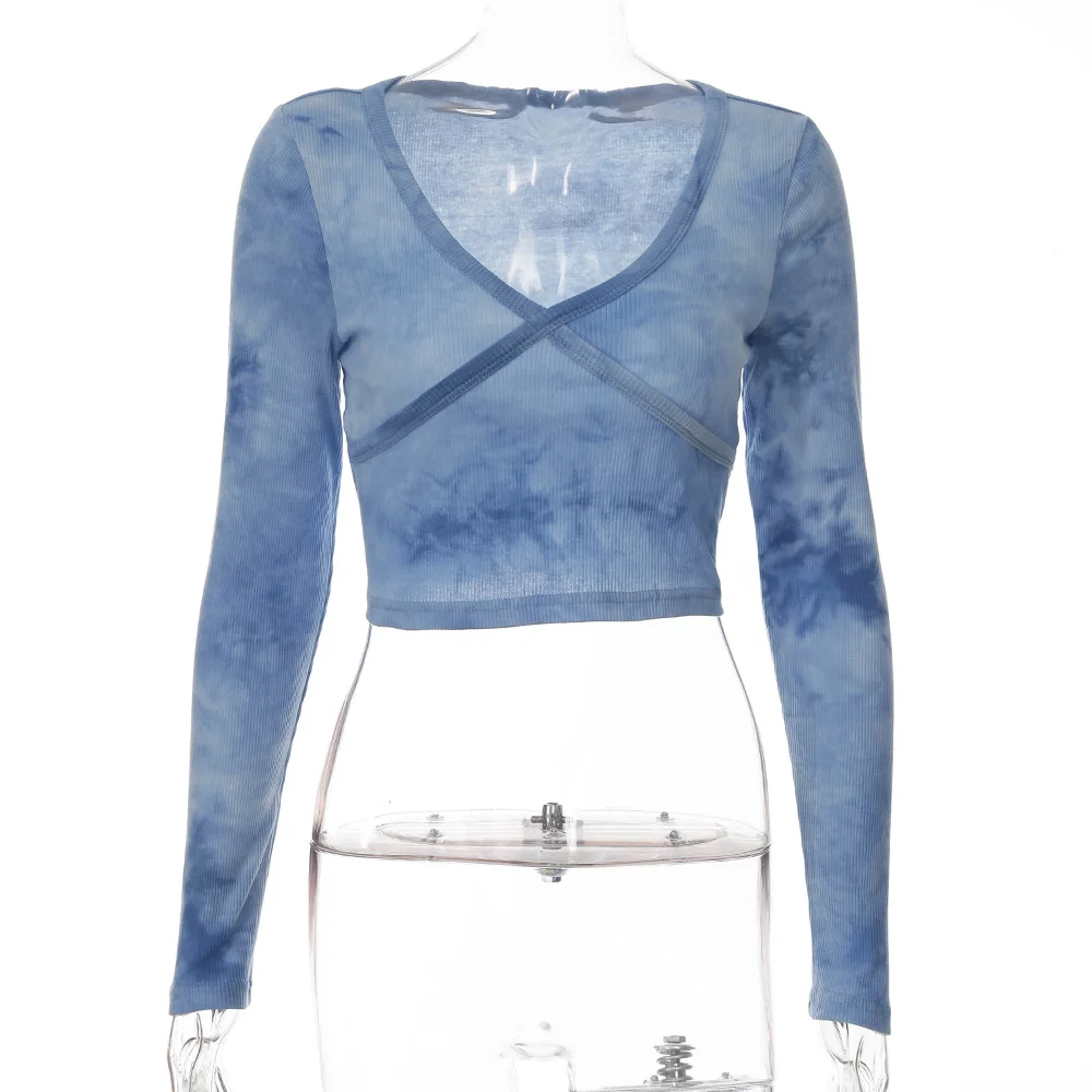 

New autumn women's deep V-neck Long Sleeve short T-Shirt Top 2021 women's Tie Dye BLUE slim fitting bottoming T-shirt