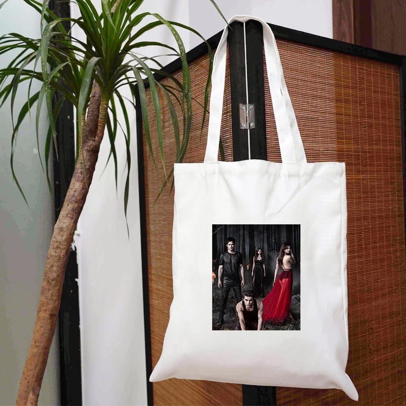

Vampire Diaries Shopping Bag Fabric Shopper Big Bags for Women Canvas Tote Anime Custom Designer Handbags 2021 Women's Printed