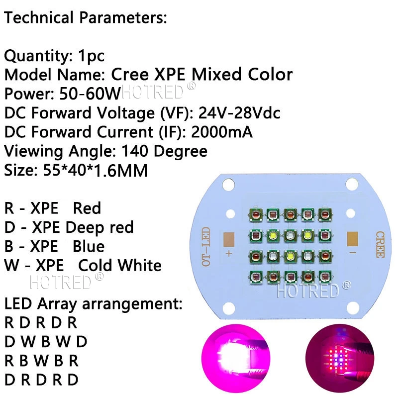Индивидуальные 50 Вт 60 Вт Cree XP-E растение мульти-чип светодиодный светильник XPE 660nm+ XPE красный синий белый Диодная лампочка Смешанная на медной печатной плате