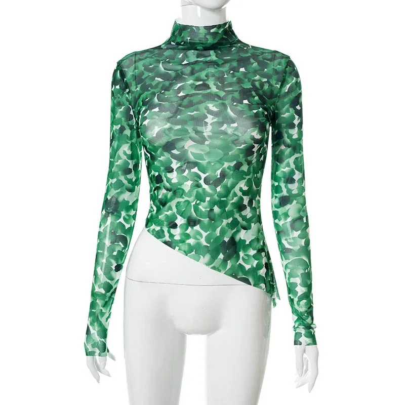 

Winter Autumn Floral Printed Long Sleeve Sexy Mesh Top Tees 2021 Women T-shirts