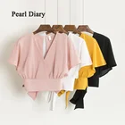 Футболка женская шифоновая с бантом на спине, пикантная короткая рубашка с V-образным вырезом, с открытой спиной, с жемчужным дневником, лето