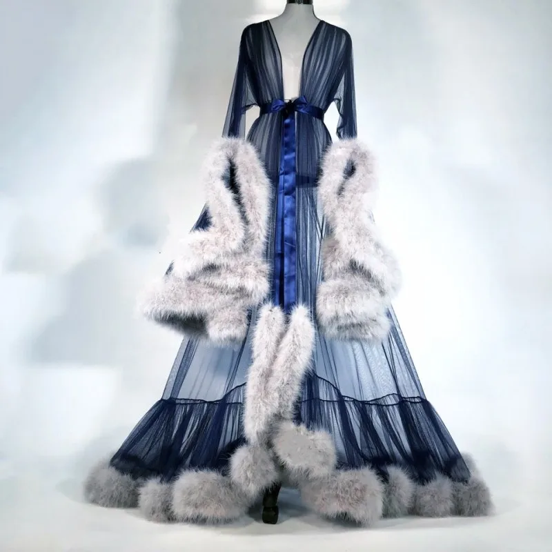 Халат женский длинный с перьями цвета слоновой кости|Свадебные жакеты/накидки| |