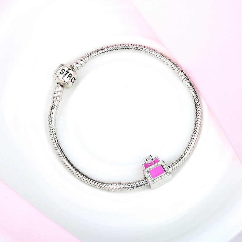 925 Sterling Silver Enamel Pink Perfume Bottle with Bowknot CZ Beads Fit Original Pandora Charms Bracelet Fashion Jewelry Gifts|pandora