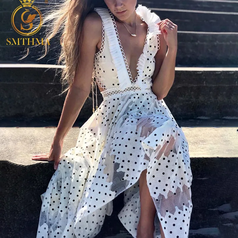SMTHMA Новое модное летнее платье в горошек для подиума, женское сексуальное платье с v-образным вырезом и оборками, с высокой талией, асимметричное длинное платье