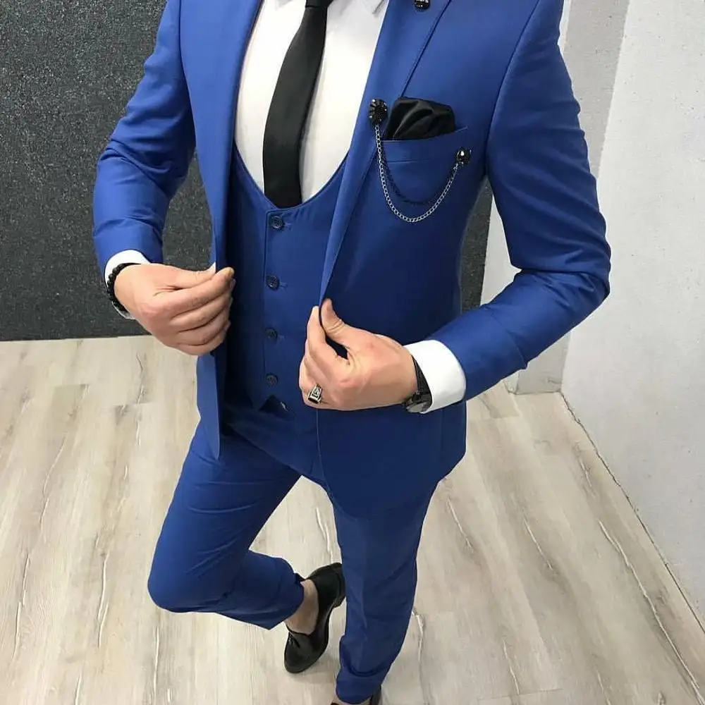 3 Pce Men's Business Suits Casual Blazer Prom Royal Blue Tuxedos Tweed Shawl Lapel Beige Jacket For Wedding Grooms Dinner Party