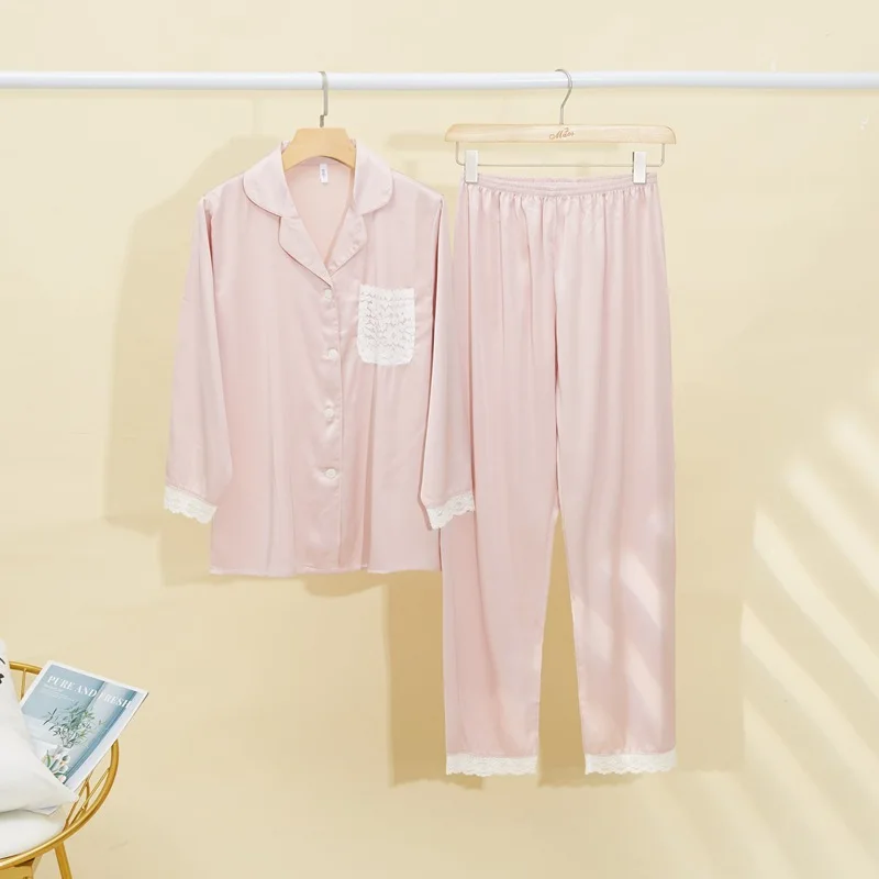 

Pajamas Set Women Spring Summer Fashion Soft Silk Satin Ladies Japanese Style Sexy Lace Long Sleeve Large Size Homewear Nuisette