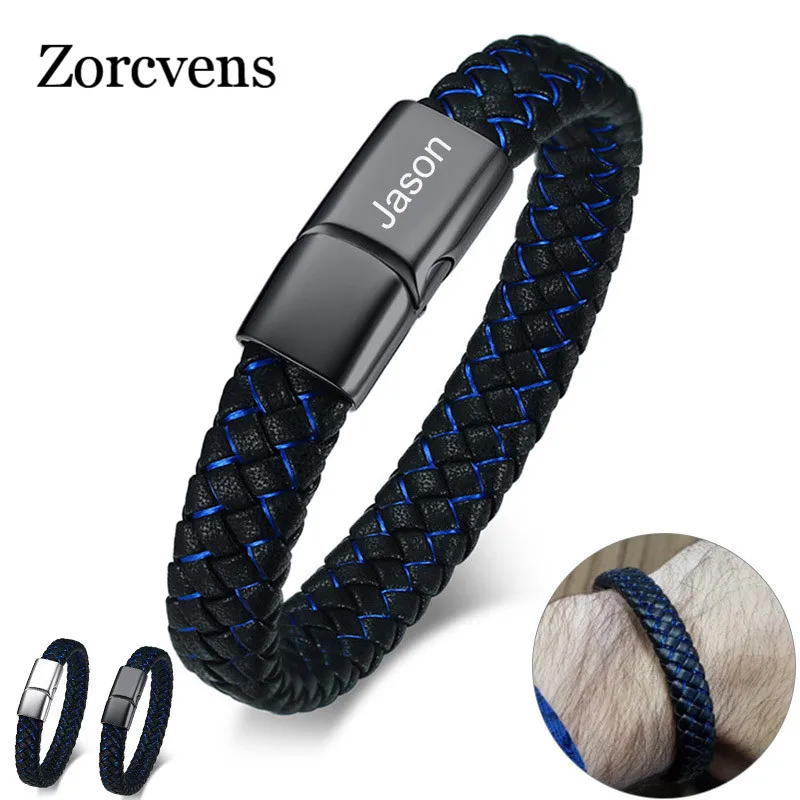 

ZORCVENS New Punk Vintage Bracelet Customize Name Image Stainless Steel Magnet Clasp Braided Leather Bracelets Bangles for Man