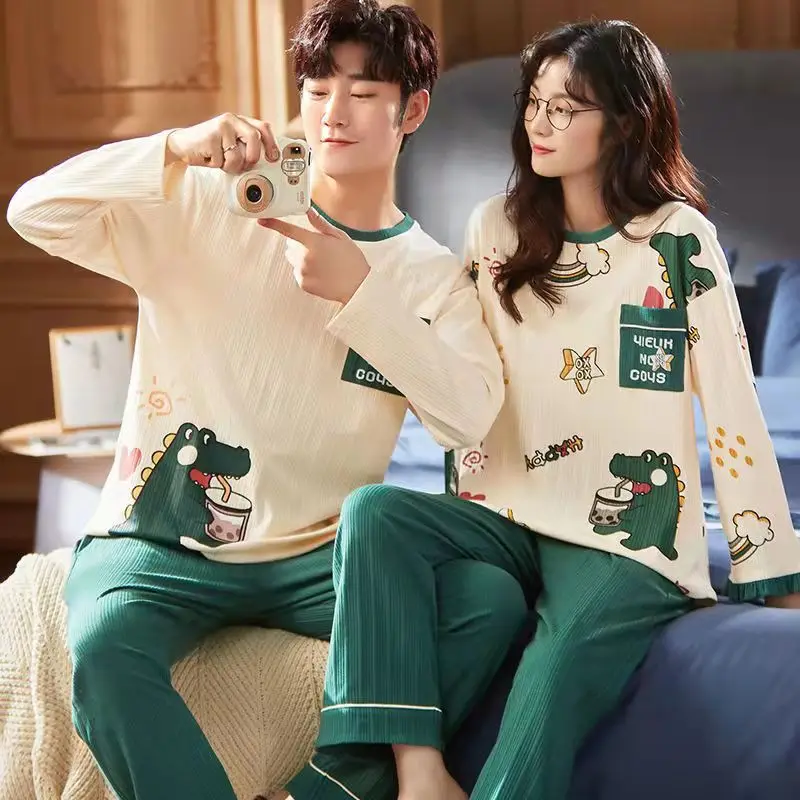 Women Pajamas Autumn Couple Lovers Matching Family Pijama Long Pants Japan Kawaii Cartoon Dinosaur Pattern Men's Sleepwear