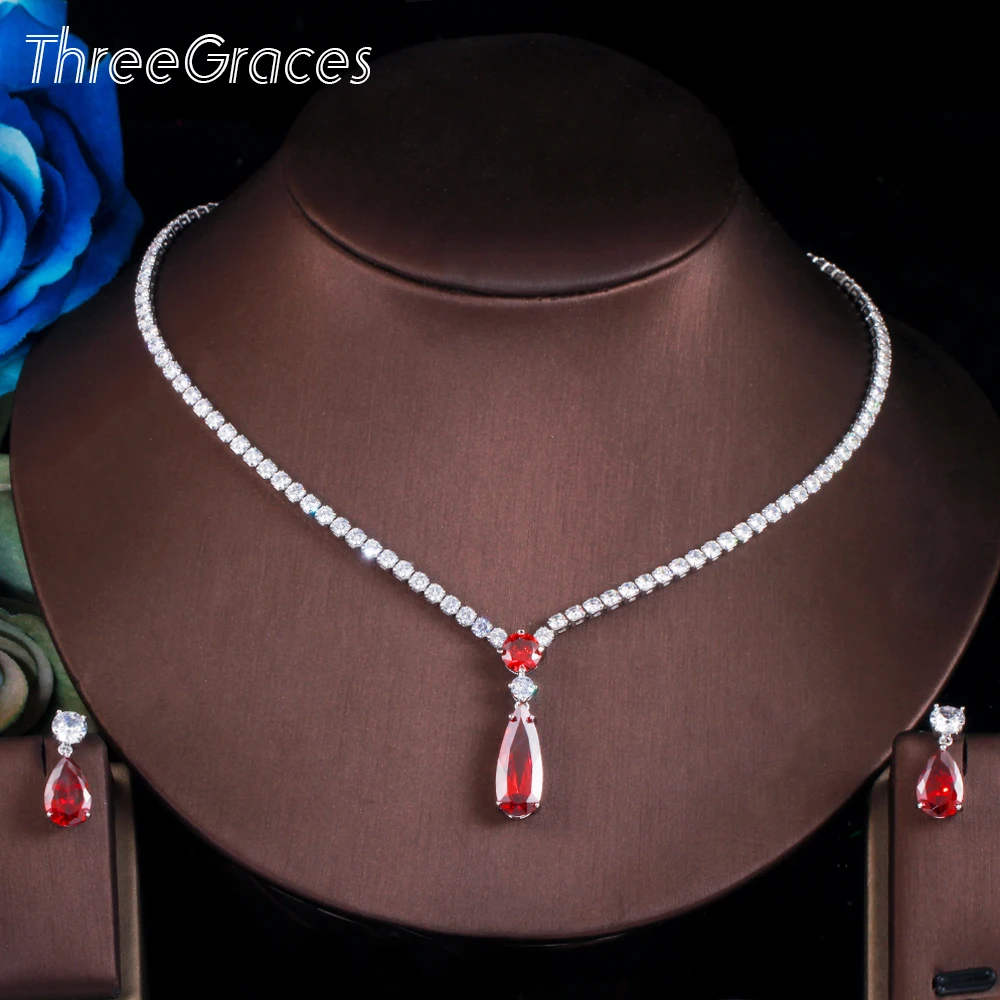 

ThreeGraces 2021 Fashion Waterdrop Shape Red CZ Crystal Dangle Earrings Necklace Sets for Women Party Accessories Jewelry TZ603