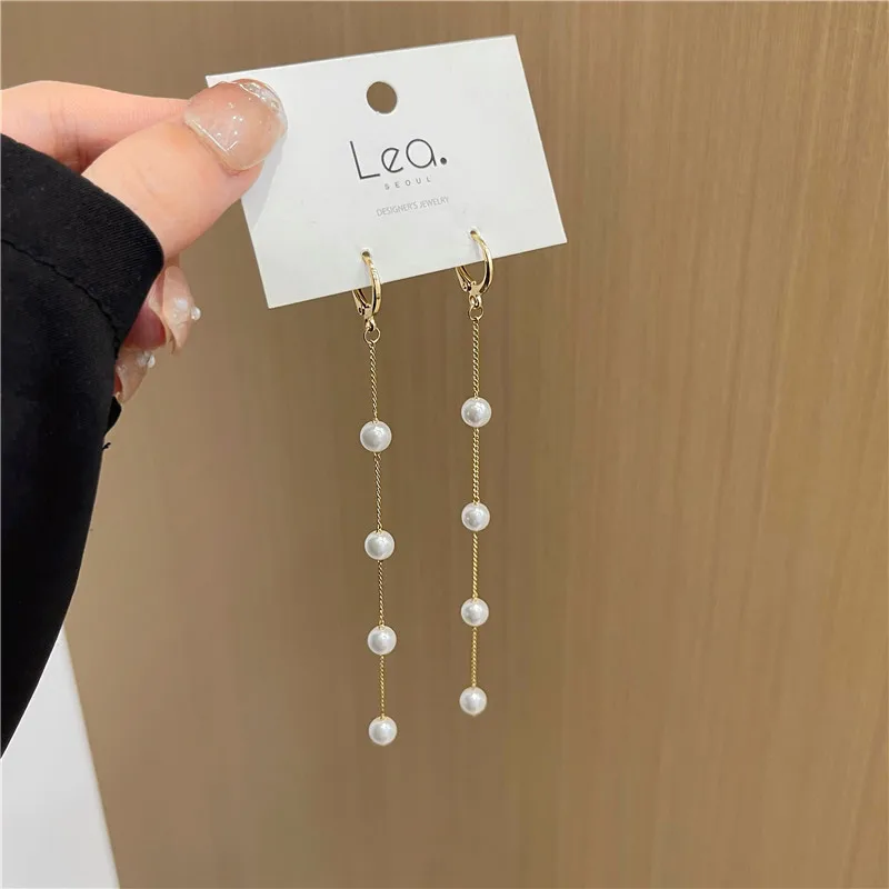 

New Chain Pearls Clip on Earrings No Pierced Non Piercing Ear Fairy Long Earrings