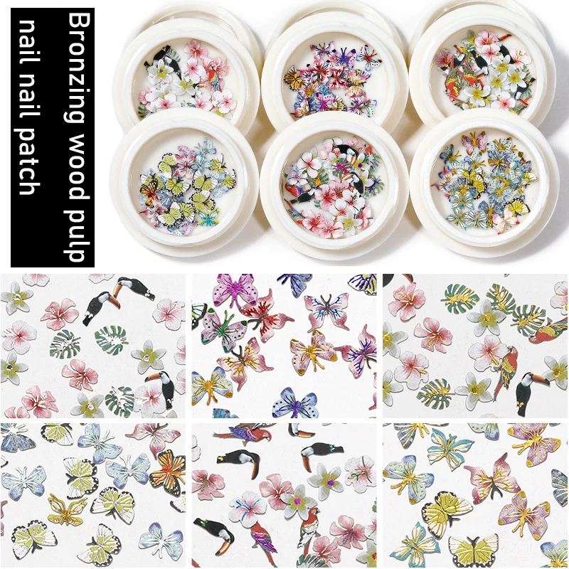 

New 6 Boxes Set Nail Art Bronzing Wood Pulp Sheet Mixed Butterfly Simulation Flowers Ultra-thin DIY Nail Art Design Stickers Hot