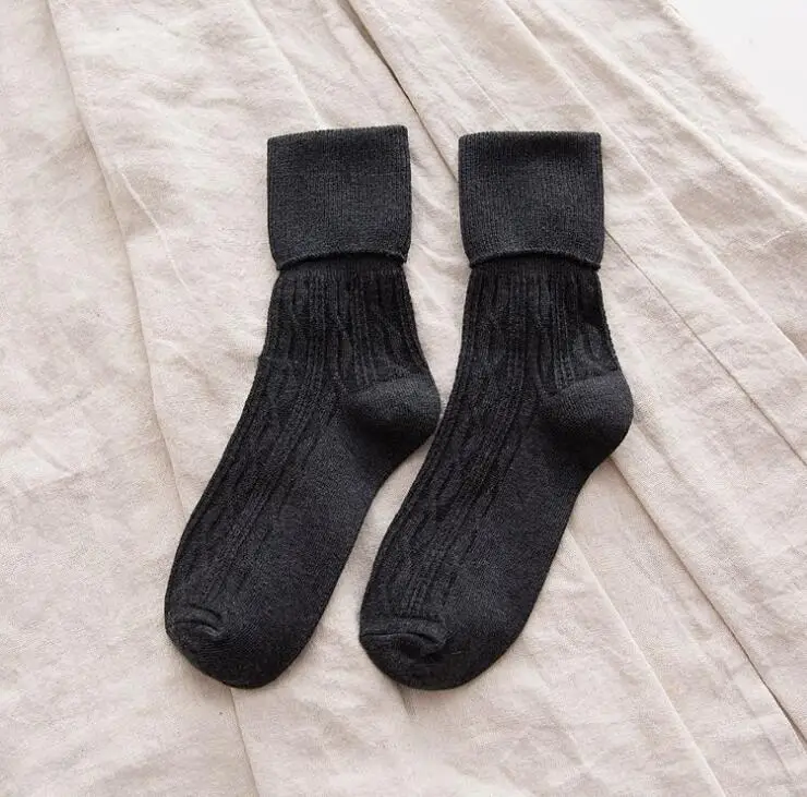 SOCKS 07 Осень и зима новые женские носки ретро твист широкий рот с манжетами дикий ворс сплошной цвет хлопчатобумажные носки - Цвет: SOCKS 07