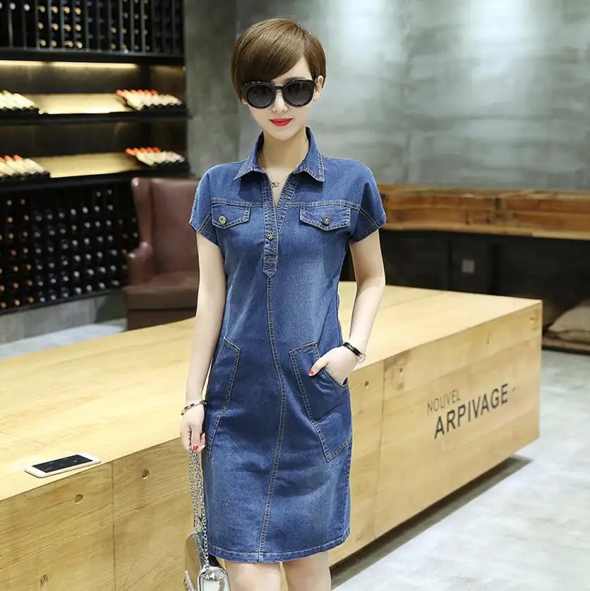 Модное женское джинсовое платье на лето и осень новое с коротким рукавом