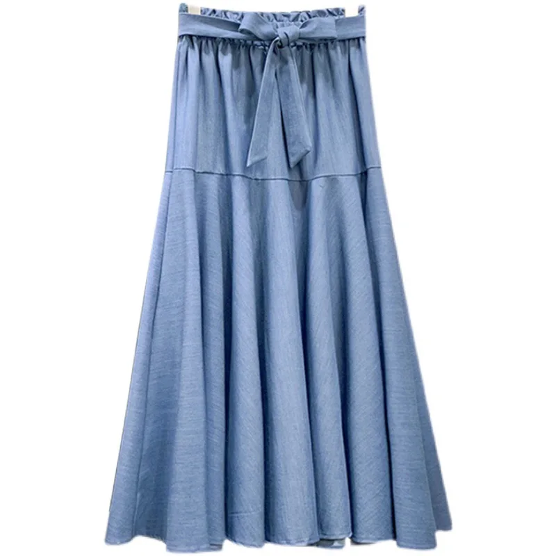 

Fashion new high waist skirt casual solid color bow tie drape stitching large swing Skirt for womens mid-length a-line skirt