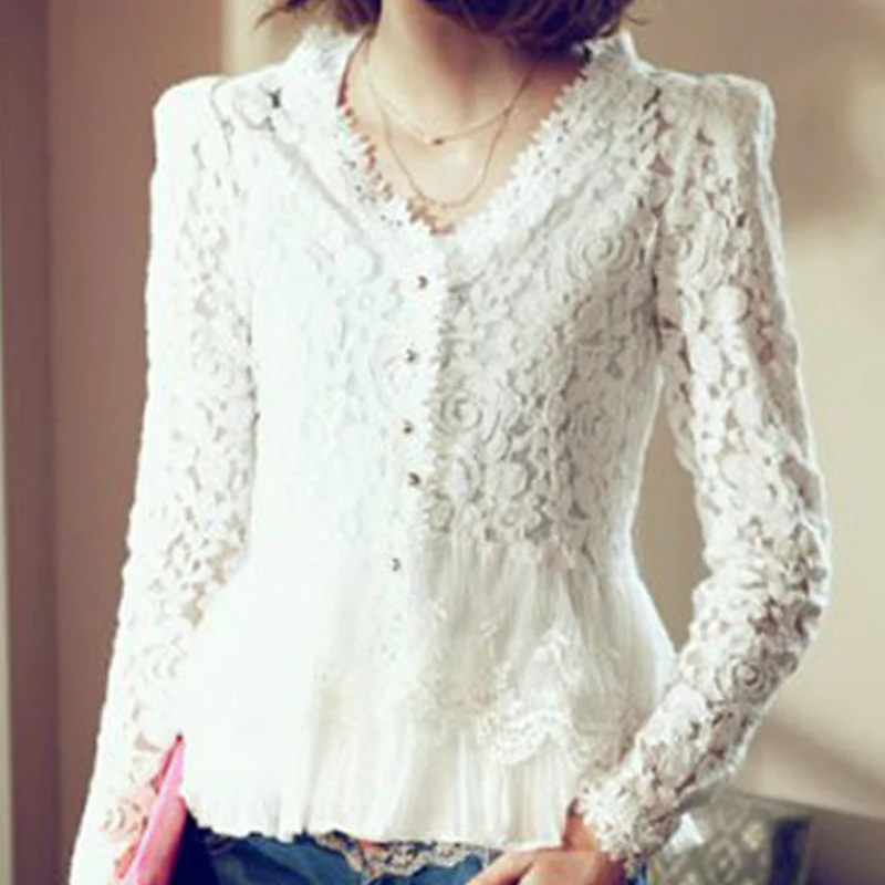 Женская модная кружевная блузка новые тонкие кружевные топы Повседневная