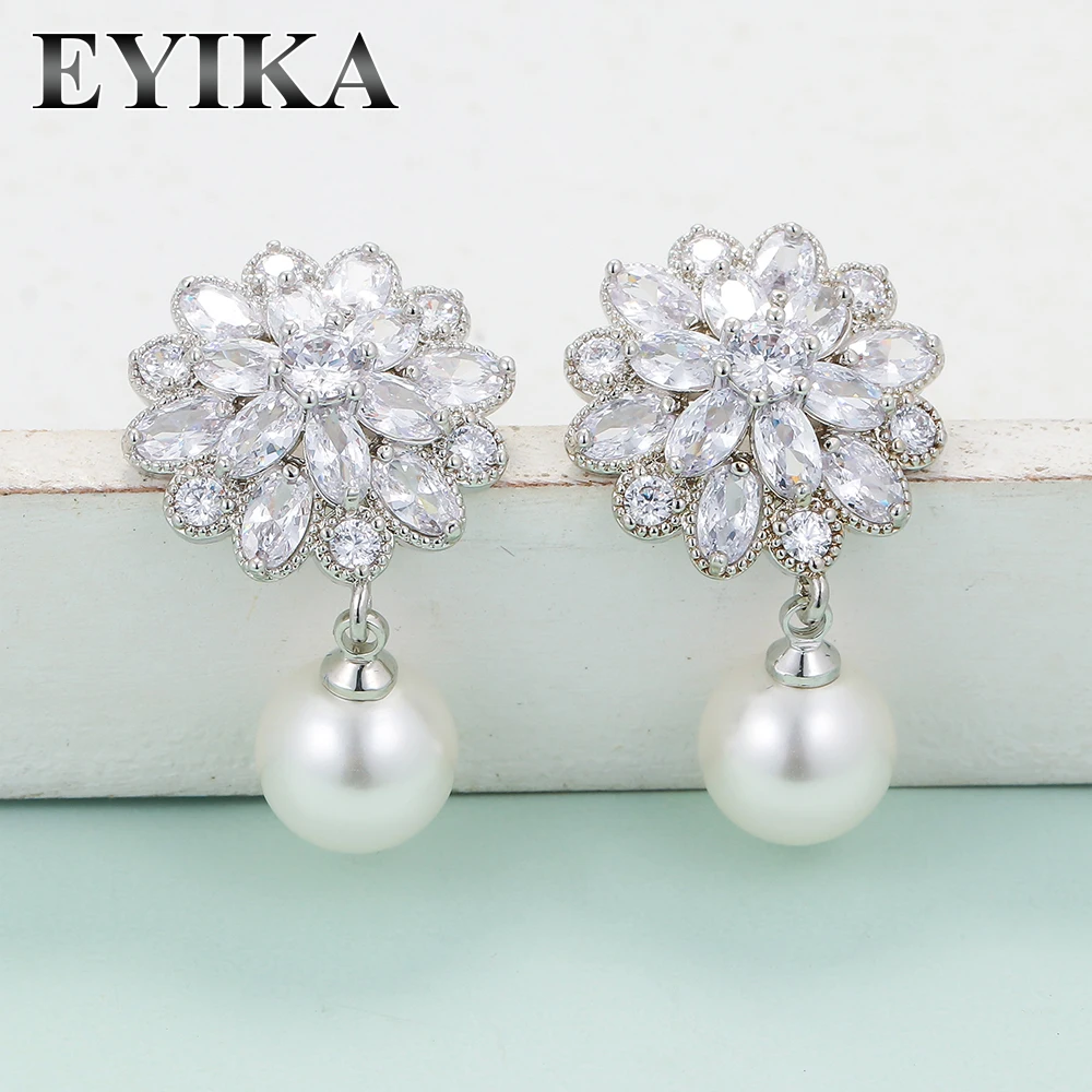 

EYIKA Luxury Sparkling Zircon Flower Pearl Hanging Earrings Rose Gold Plated Drop Earring Women Bridal Wedding Jewelry Gift