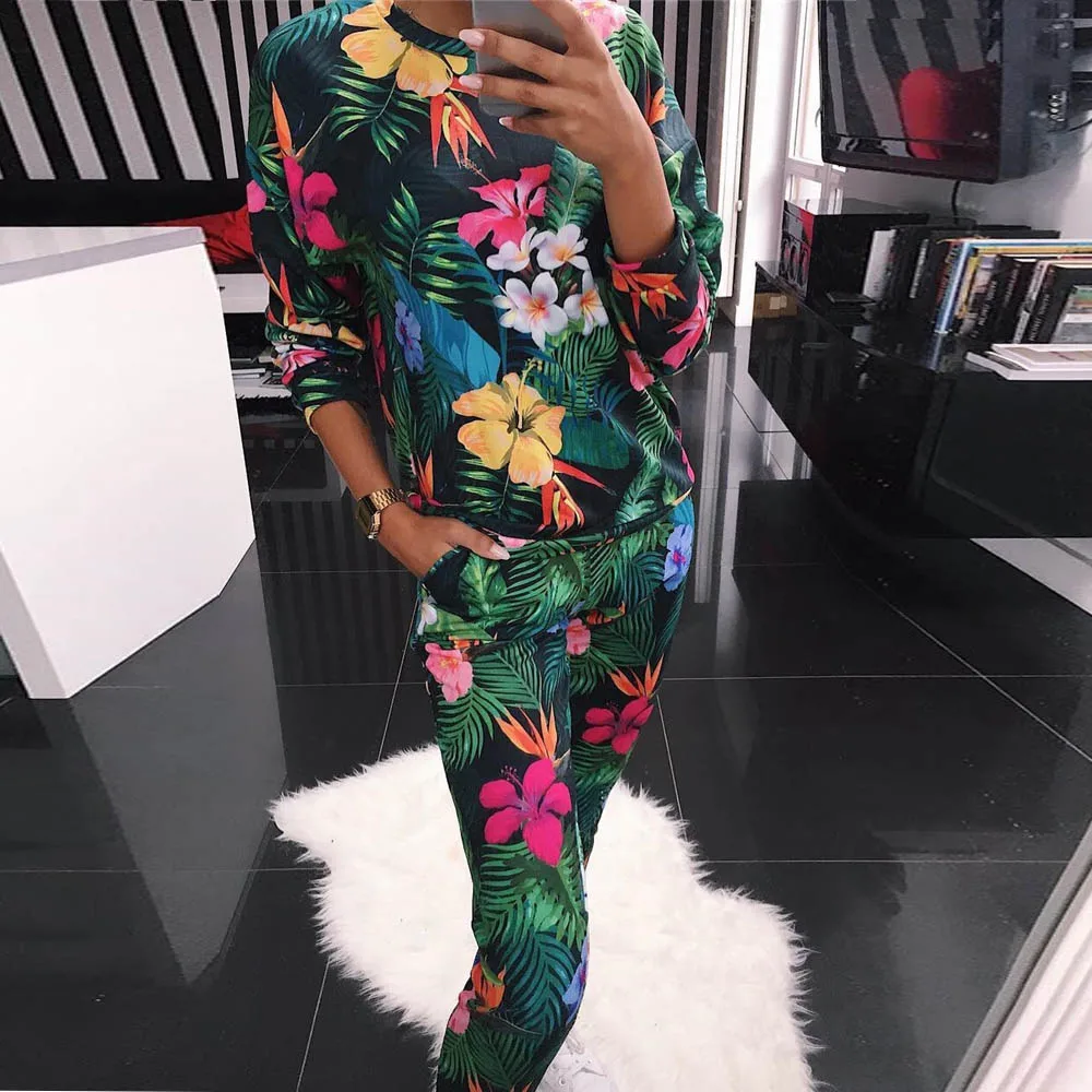 Knowing me New Spring Floral print Tracksuit set women Autumn Animals Plant Print long sleeve hoodies Sweatshirt 2Pcs sets