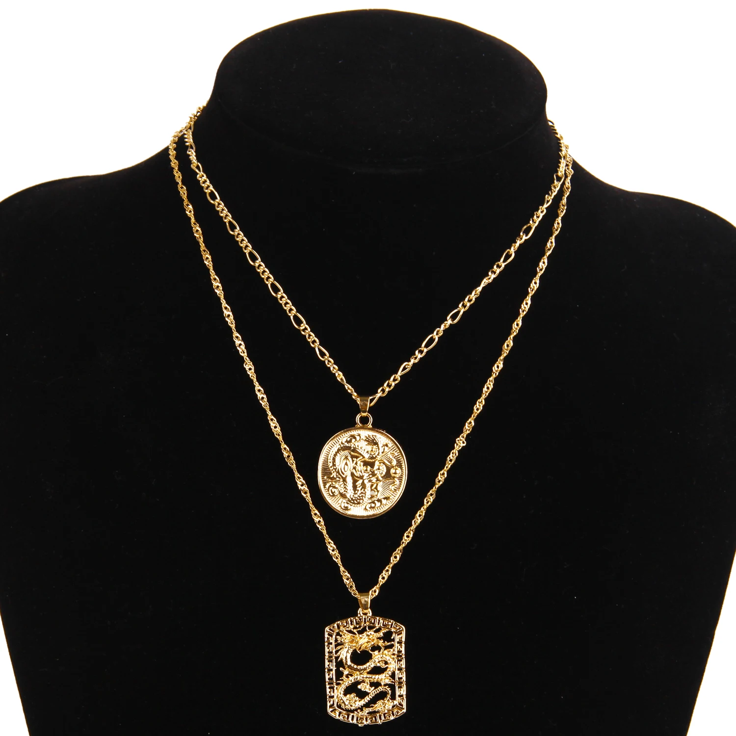 

Vintage Gold Dragon Pendant Necklaces For Women Men Punk Collar Chains Necklaces Square Round Tag Party Fashion Jewelry