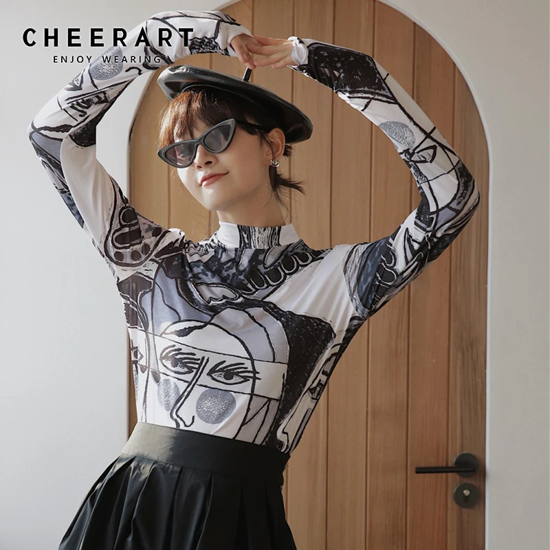 Cheerart Arts, с принтом, водолазка, блузка для женщин, с длинным рукавом, винтажный Топ, эластичная туника, топы и блузки, одежда осень