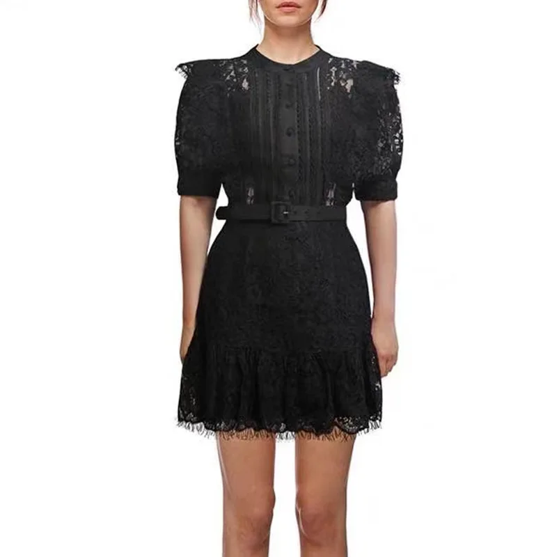 

HIGH QUALITY Newest 2021 Summer Fashion Short Sleeve Pure Color Lace Dress